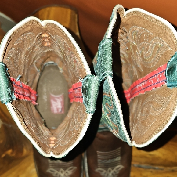 Tony Lama Brown Leather Boots with Teal Embroidery - Picture 13 of 13